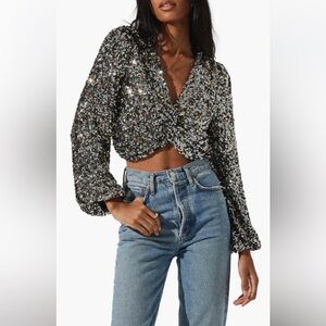 NWT ASTR The Label Women's Black Rainbow Nix Sequin Wrap Front Top